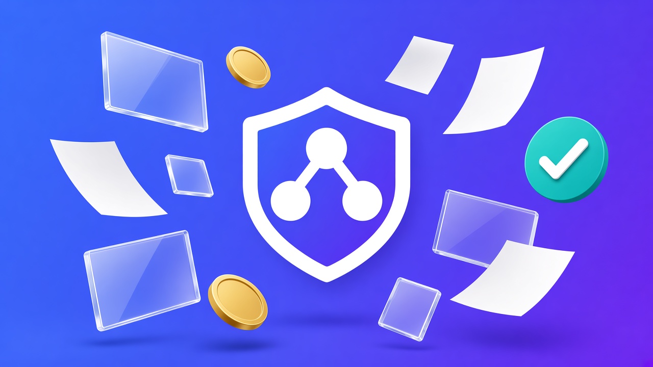 A white shield with three connected circles, blank pages, gold coins, and a teal check on a blue and violet field.