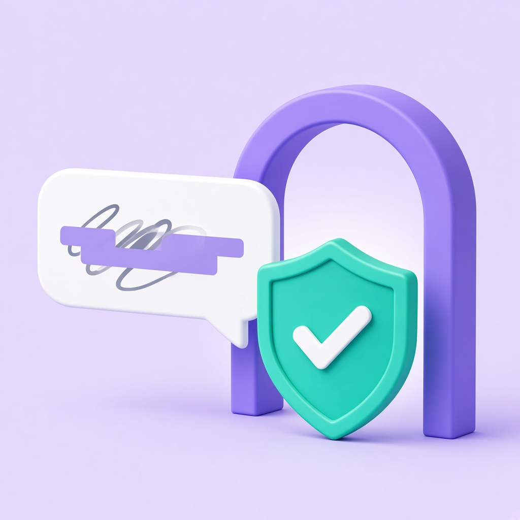 A message waits at a violet arch beside a teal shield with a check.
